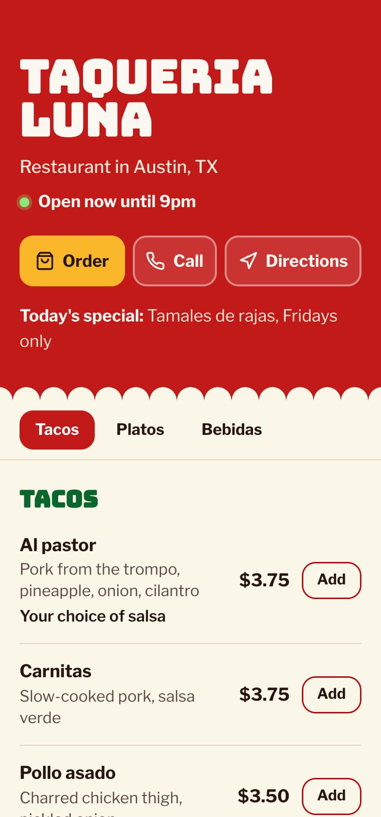 A sample menu site in the chosen look